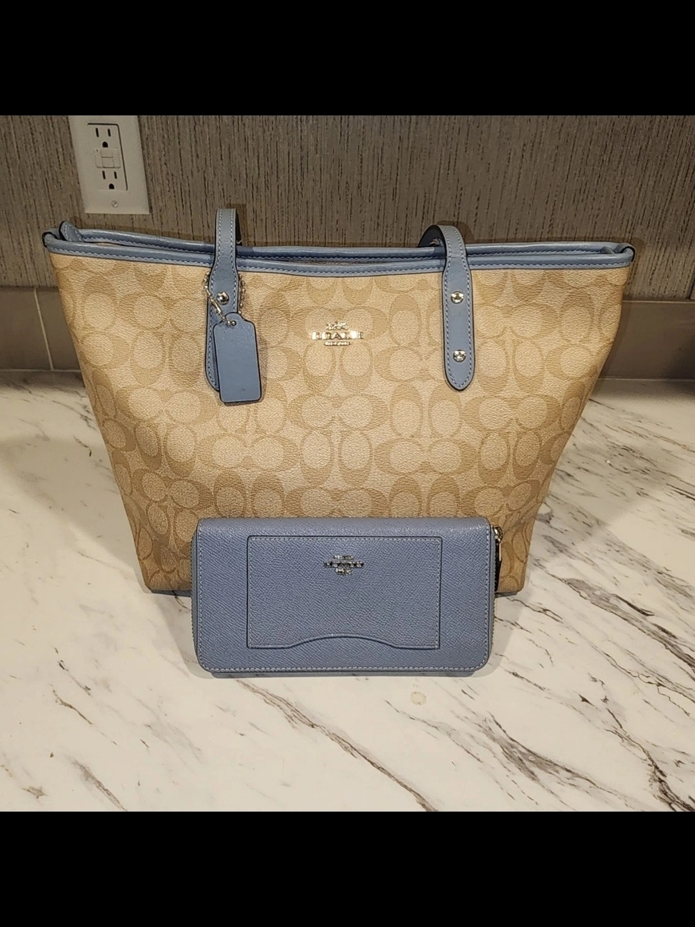Coach Signature Canvas Tote with Blue Leather Trim and Wallet
